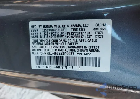 2014 Honda Odyssey Ex-L z USA, uszkodzony, nr VIN 5FNRL5H62EB019937